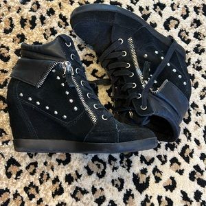 Guess black suade wedge sneakers with gold detail on side size 9 1/2